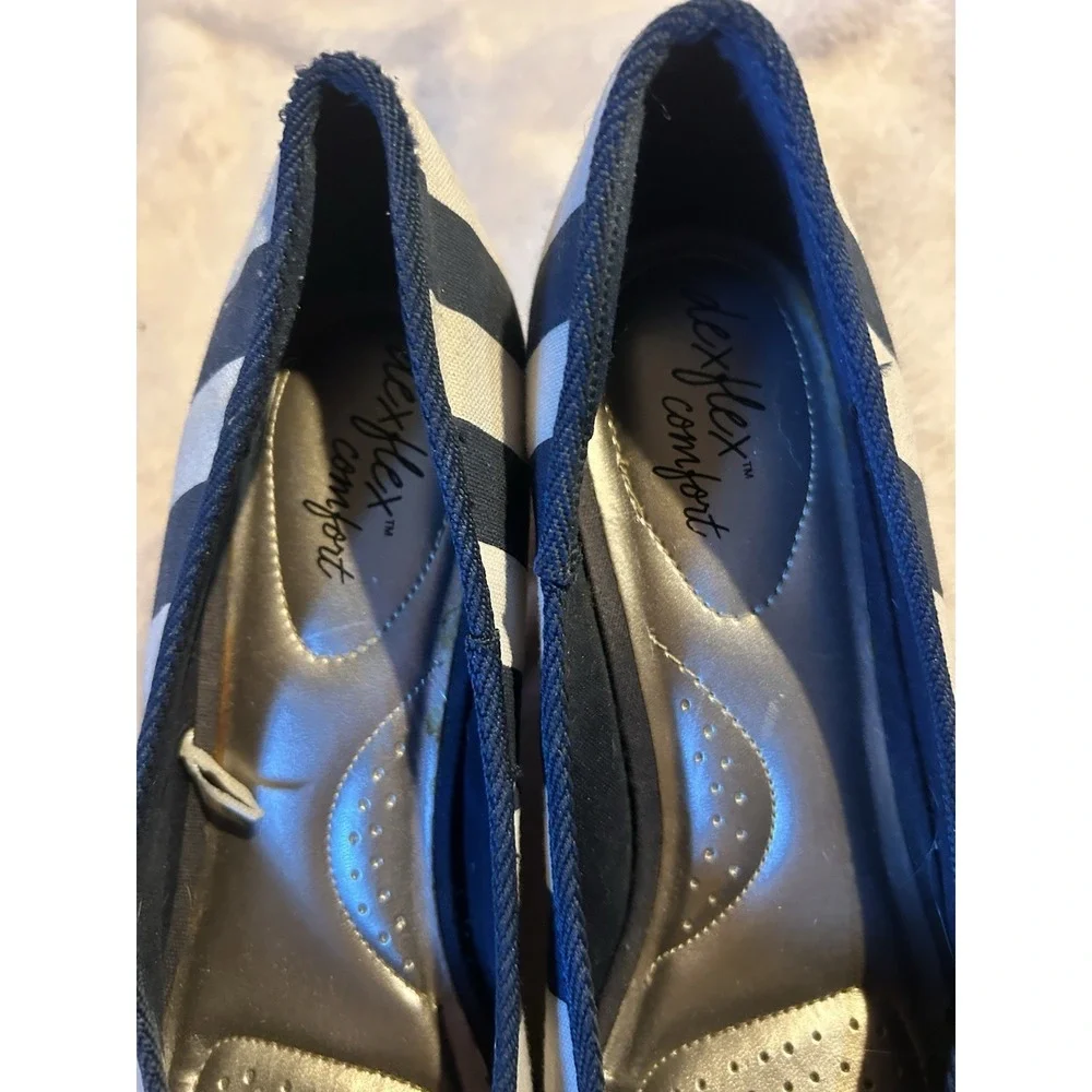 Dexflex Comfort Navy White Striped Cork Wedge Peep Toe Bow Shoes Women's Size 9‎